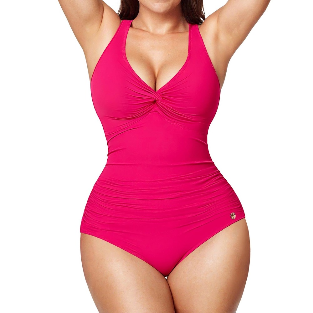 NWT Popilush Pink Twist Front Tummy Control One Piece Swimsuit Shapewear Large